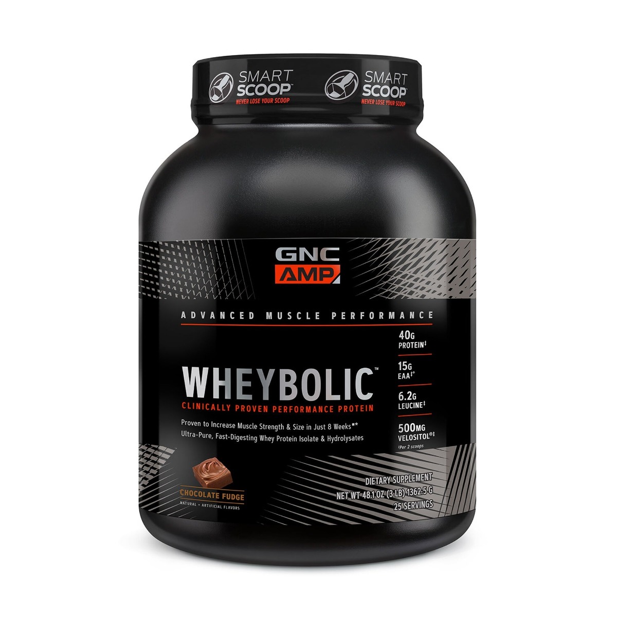 31dc2123d2516_012345_gnc_amp_wheybolic_chocolate_fudge_tub.jpg Proteina din zer cu aroma de ciocolata AMP Wheybolic, 1362.5g, GNC