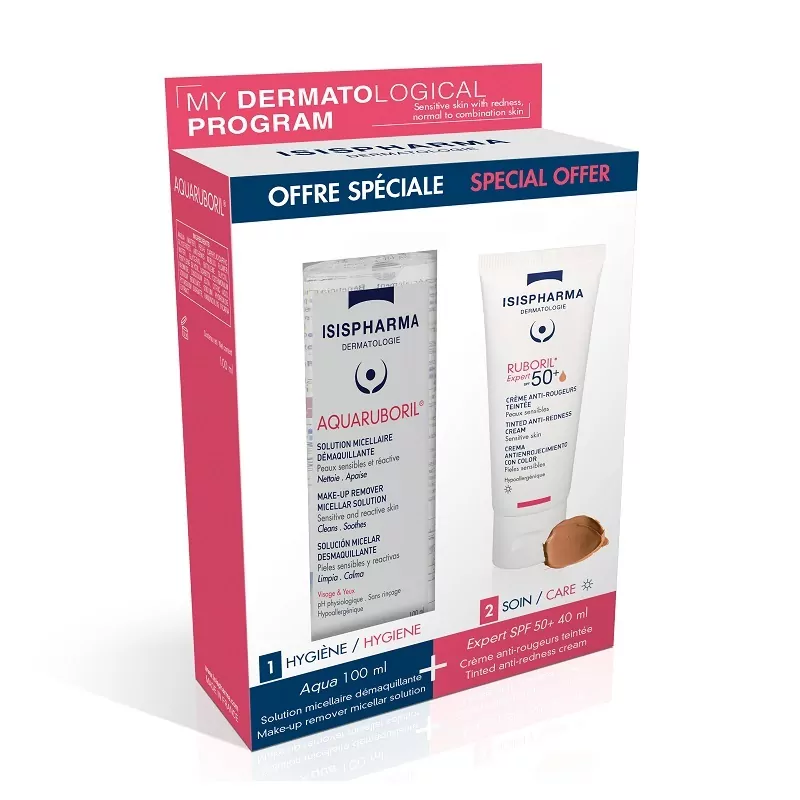 40ed6a3b3a116_pachet-solutie-micelara-de-curatare-aquaruboril.png Solutie micelara de curatare Aquaruboril 100ml + Crema colorata Ruboril 50+ Expert SPF50 40ml, Isis Pharma