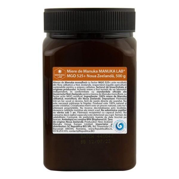 Miere de Manuka MANUKA LAB, MGO 525+ Noua Zeelanda, 500 g, naturala