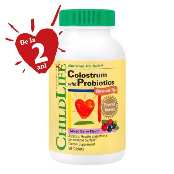 Colostrum Plus Probiotics 90 tablete masticabile ChildLife Essentials, natural, Secom