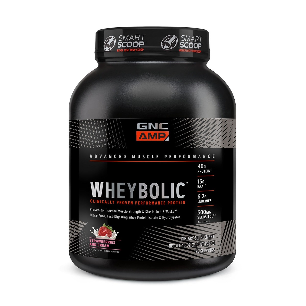 650a415fd2516_012347_gnc_amp_wheybolic_strawberries_and_cream_tub.jpg Proteina din zer cu aroma de capsuni cu frisca AMP Wheybolic, 1305g, GNC