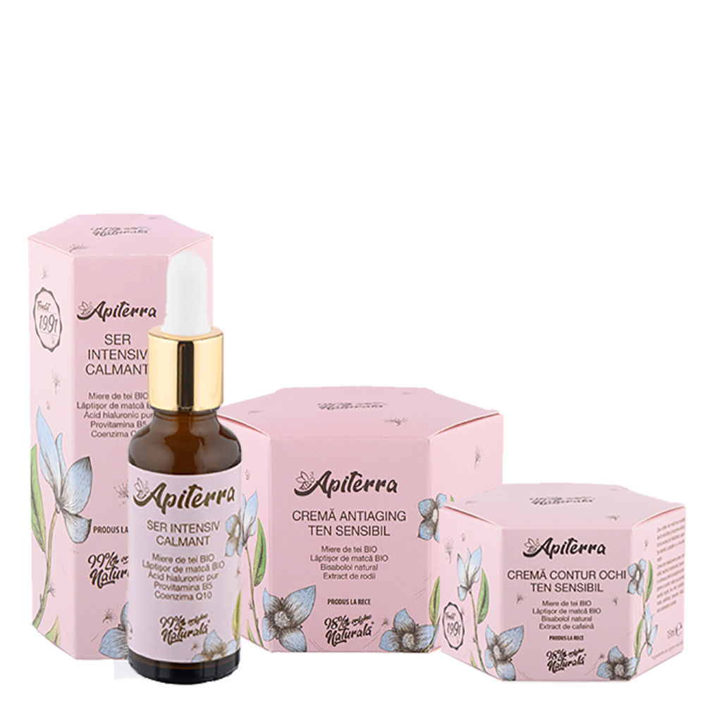 7916ccb9fb516_pachet-gama-sensibil-1000x1000px.jpg Pachet pentru ten sensibil Crema anti-aging, 50ml + Ser calmant, 30ml + Crema pentru ochi, 15ml, Apiterra
