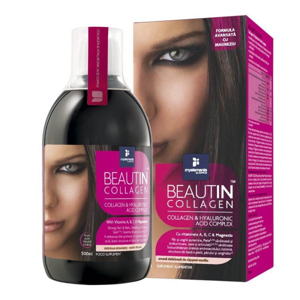Beautin collagen lichid capsune si vanilie cu acid hialuronic si magneziu My Elements, 500 ml, natural