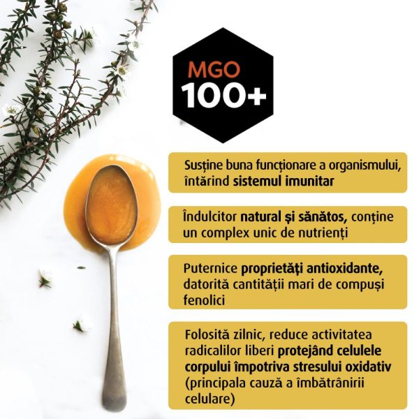 Beneficii_Melora_1000x1000_mgo100.jpg Miere de Manuka Melora, MGO 100+ (UMF 5) Noua Zeelanda, 250 g, naturala