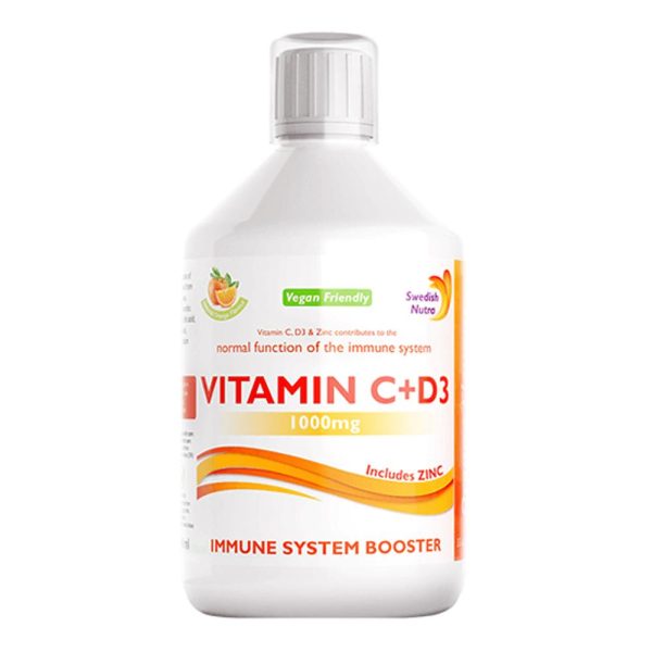 Vitamina C lichida 1000mg cu Vitamina D3 si Zinc, produs vegan, Swedish Nutra, 500ml, natural