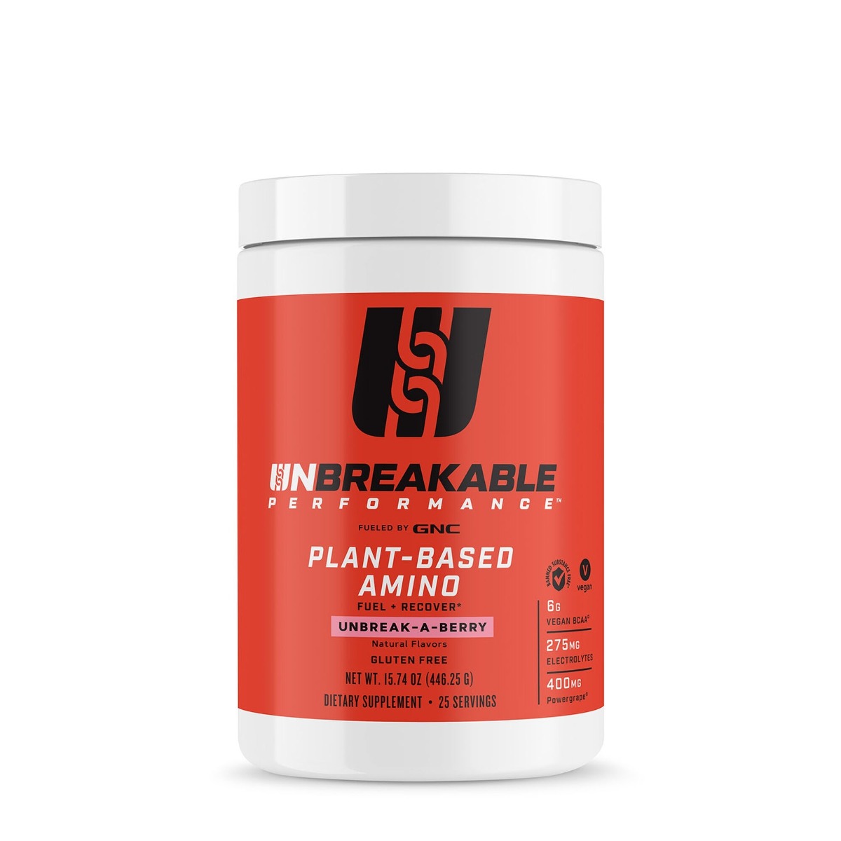 ad13741324516_364353_gnc_unbreakable_plant_amino_unbreak-a-berry_tub.jpg Aminoacizi vegetali cu aroma de fructe de padure Unbreakable Performance, 446.25g, GNC