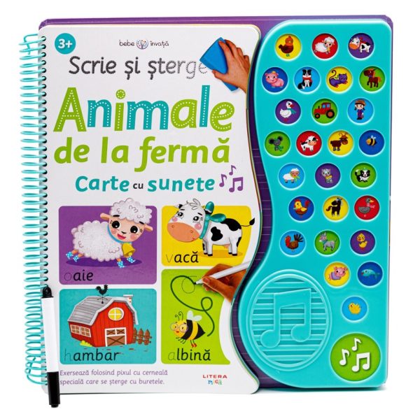 Scrie si sterge. Animale de la ferma. Carte cu sunete (transport gratuit)