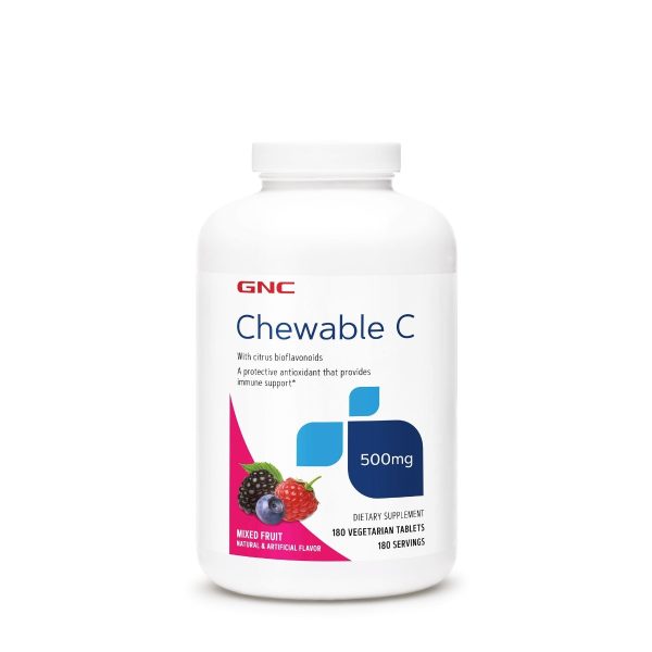 b514d08969416_133423_web_gnc_chewable_c_front_bottle.jpg Vitamina C masticabila cu aroma mix de fructe, 180 tablete, GNC