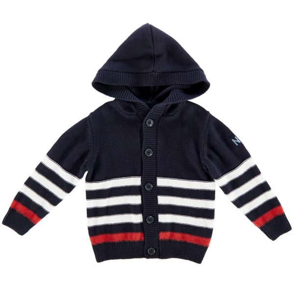 Cardigan tricotat cu gluga, copii Chicco, baieti, bleumarin cu alb si rosu