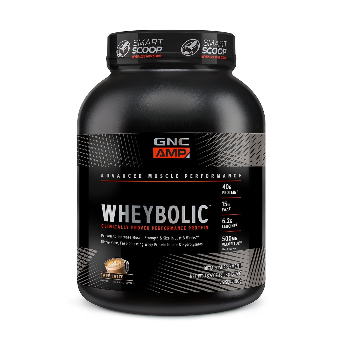 ccf4ced3e2516_012352_gnc_amp_wheybolic_cafe_latte_tub.jpg Proteina din zer cu aroma de cafea cu lapte AMP Wheybolic, 1375g, GNC