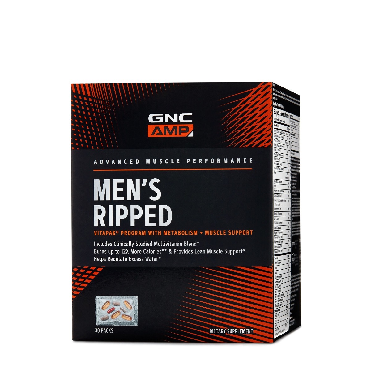 fac20d269a516_214911_web_gnc_amp_mens_ripped_vitapak_front_box.jpg Complex de multivitamine pentru barbati AMP Men's Ripped Vitapak, 30 pachetele, GNC