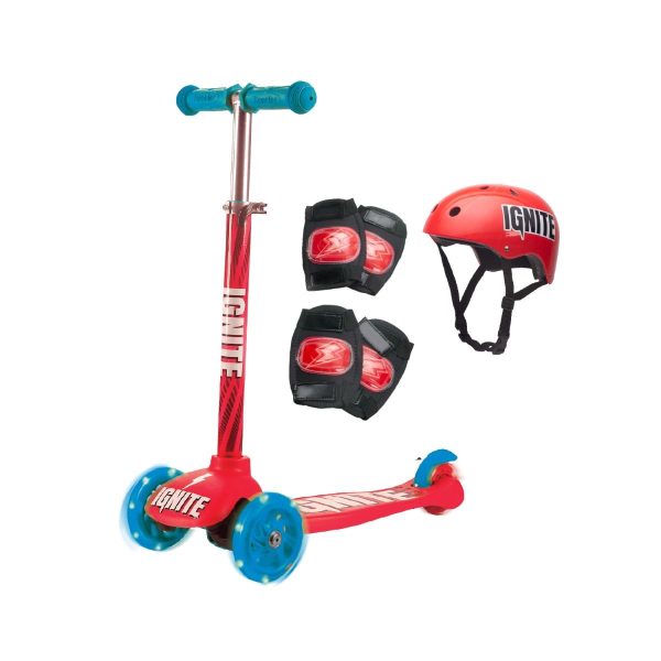 Trotineta cu 3 roti si echipament de protectie Ignite, Rosu