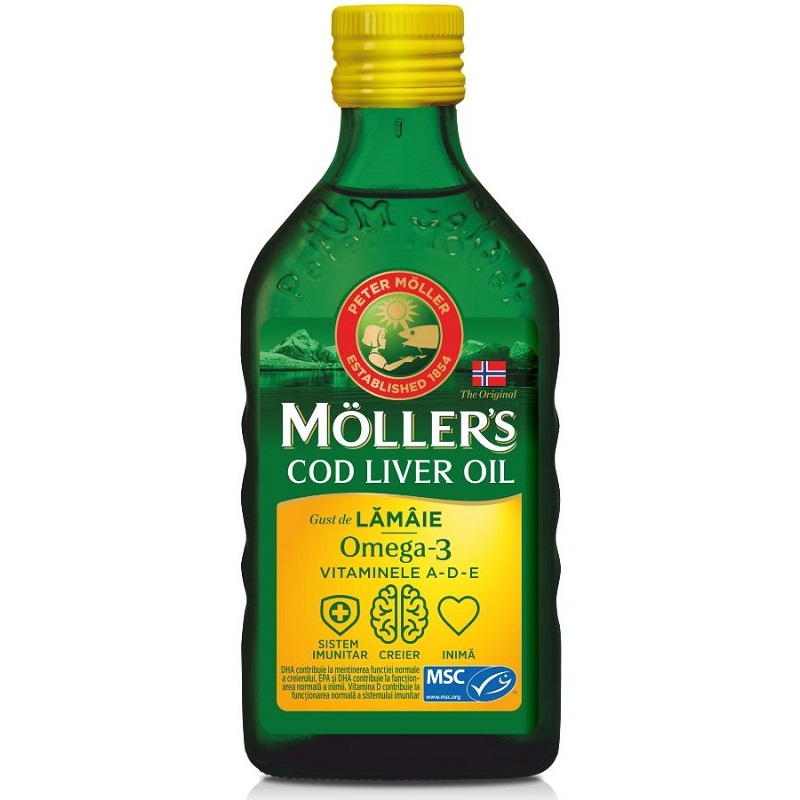 Moller’s Cod liver oil Omega-3 aroma de lamaie, 250 ml, Orkla Health