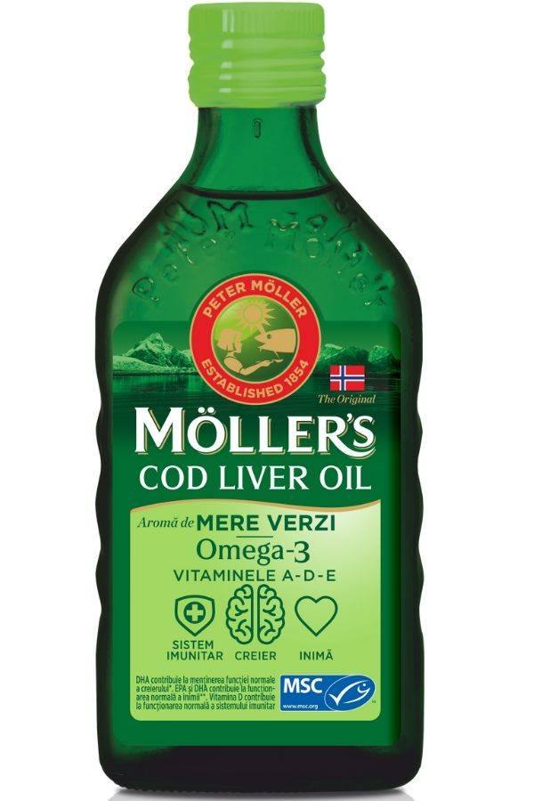 mollers-mere-verzi_10.jpg Moller’s Cod liver oil Omega-3 aroma de mere, 250 ml, Orkla Health