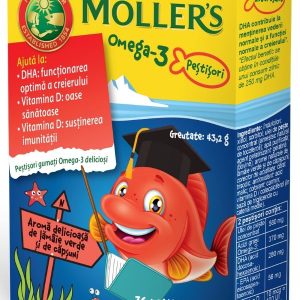 Moller's Pestisori gumati cu Omega-3 aroma de lamaie verde si capsuni, 36 jeleuri, Orkla Health