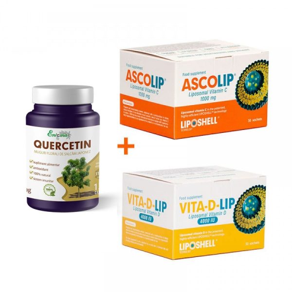 Pachet Promo Quercetin 120 capsule+Ascolip, Vitamina C+Vitamina D 4000 UI