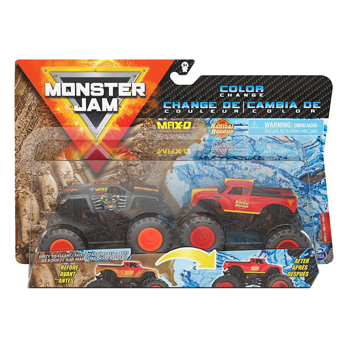 Set 2 masinute Monster Jam, Color Change, Max-D si Radical Rescue, 20128655, 1:64