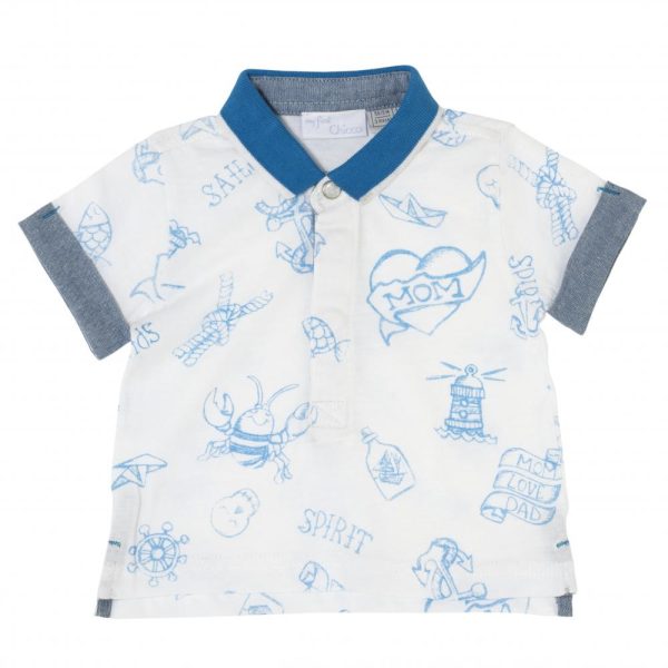 Tricou polo baietei, Chicco, maneca scurta, alb cu albastru