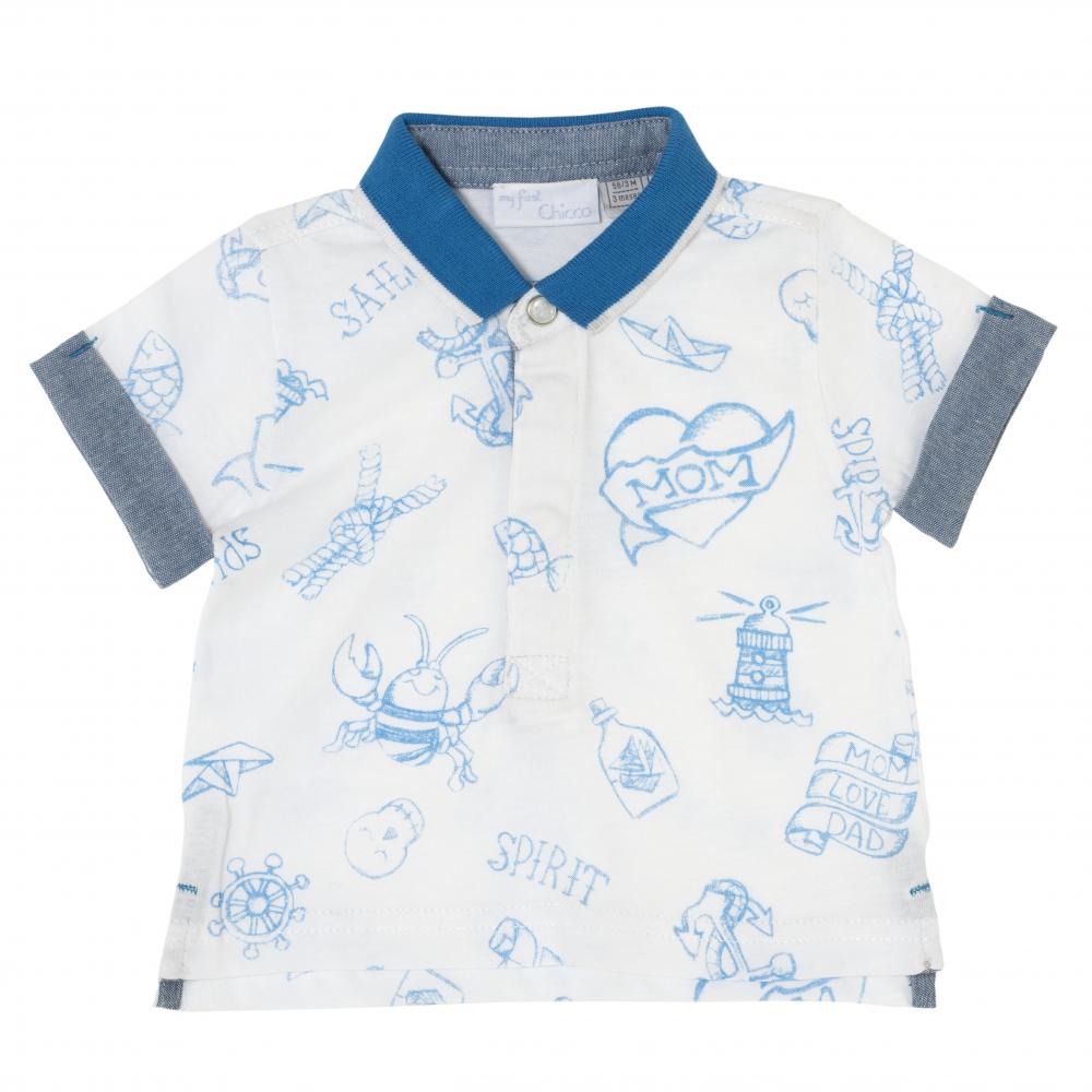 Tricou polo baietei, Chicco, maneca scurta, alb cu albastru