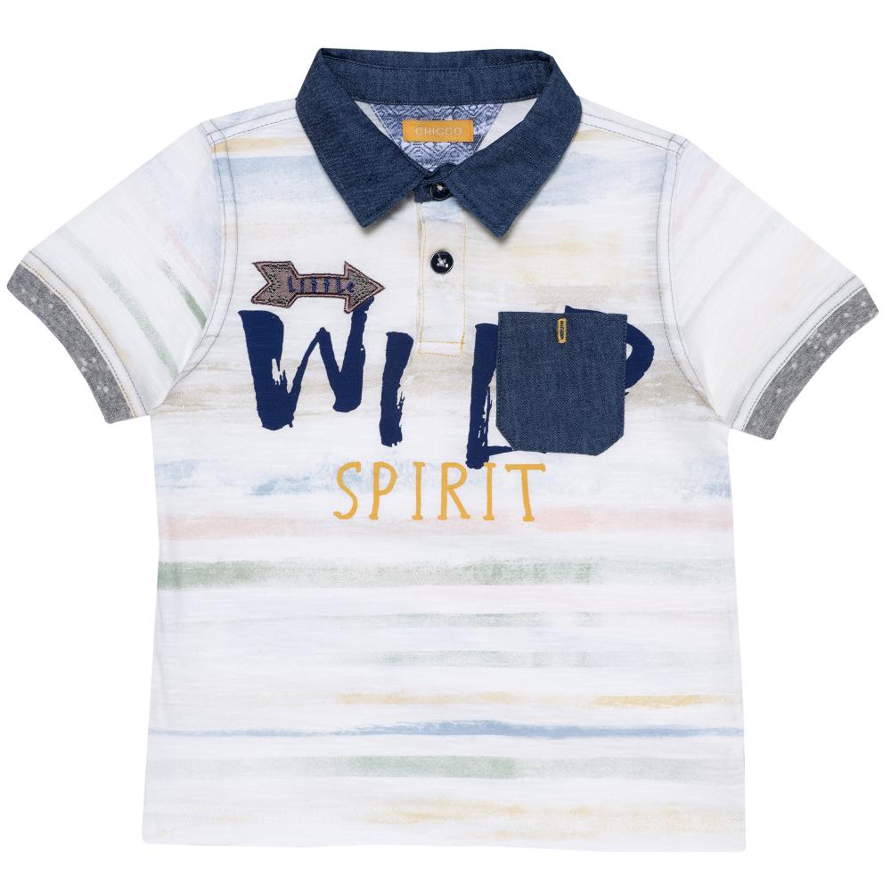 Tricou polo copii, Chicco, maneca scurta, alb cu model