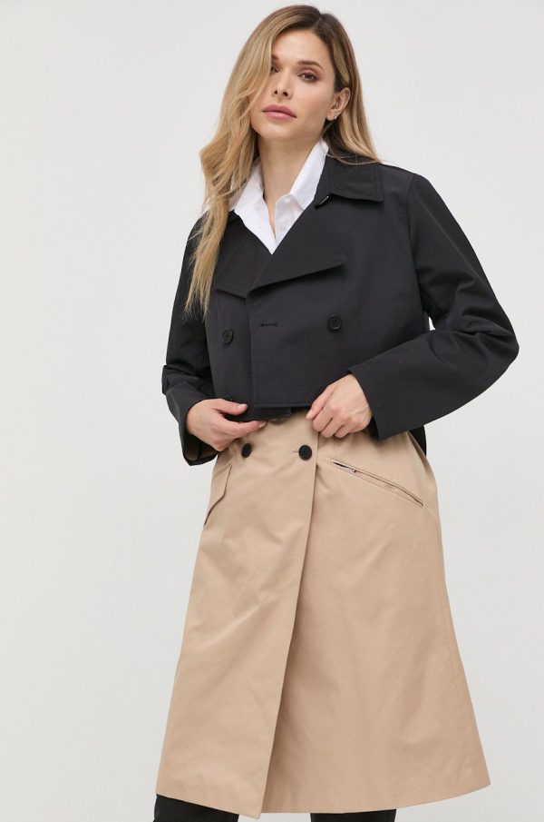 Karl Lagerfeld palton femei, culoarea negru, de tranzitie, cu doua randuri de nasturi