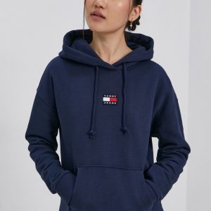 Tommy Jeans Hanorac de bumbac femei, culoarea albastru marin, cu imprimeu