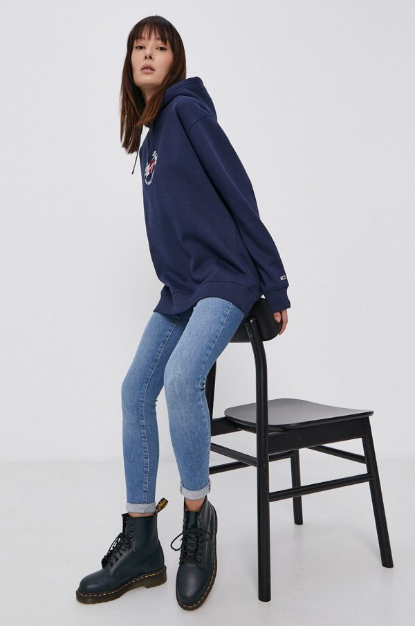 Tommy Jeans Bluză femei, culoarea albastru marin, cu imprimeu