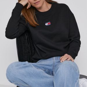 Tommy Jeans Hanorac de bumbac femei, culoarea negru, cu imprimeu