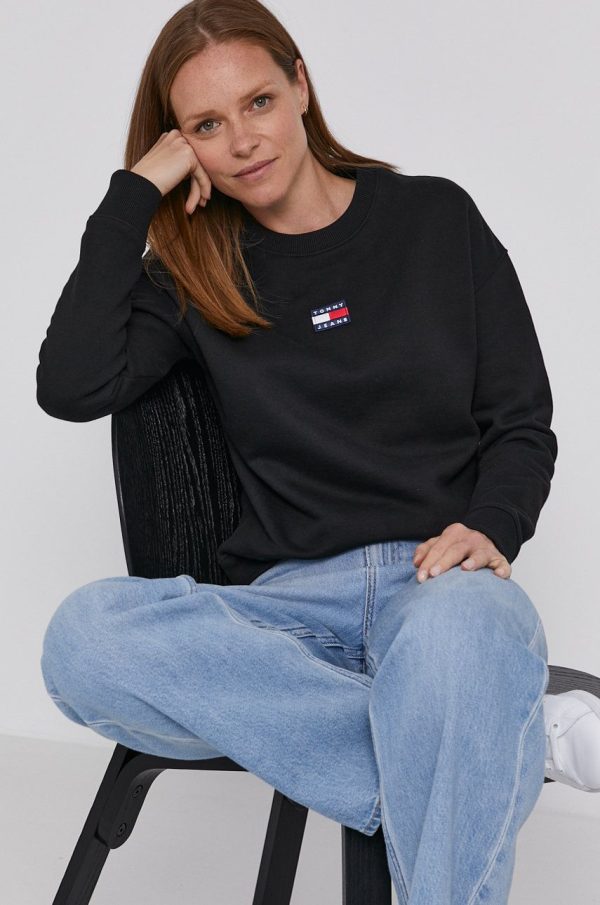 Tommy Jeans Hanorac de bumbac femei, culoarea negru, cu imprimeu