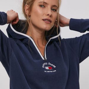 Tommy Jeans Hanorac de bumbac femei, culoarea albastru marin, cu imprimeu