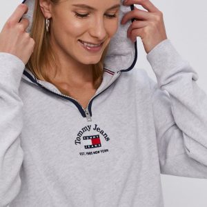 Tommy Jeans Hanorac de bumbac femei, culoarea gri, cu imprimeu