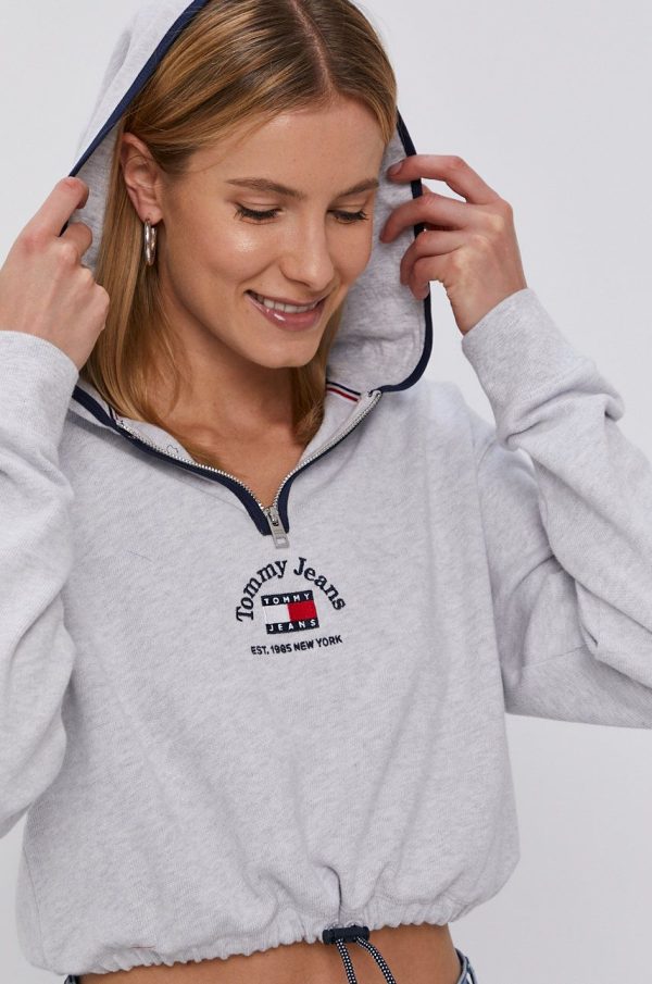 Tommy Jeans Hanorac de bumbac femei, culoarea gri, cu imprimeu