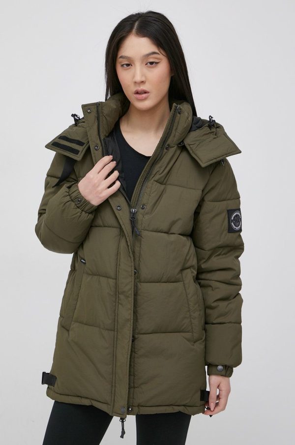 Superdry geaca femei, culoarea verde, de iarna
