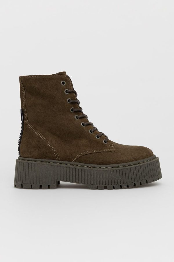 Steve Madden Bocanci din piele întoarsă Skyhy Bootie femei, culoarea verde, cu platformă