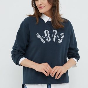 Pepe Jeans hanorac de bumbac femei, culoarea albastru marin, cu imprimeu