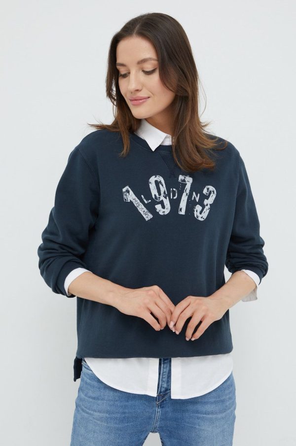 AW22-BLD0BH_59X_F1.jpg Pepe Jeans hanorac de bumbac femei, culoarea albastru marin, cu imprimeu
