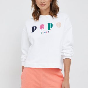 Pepe Jeans hanorac de bumbac femei, culoarea alb, cu imprimeu