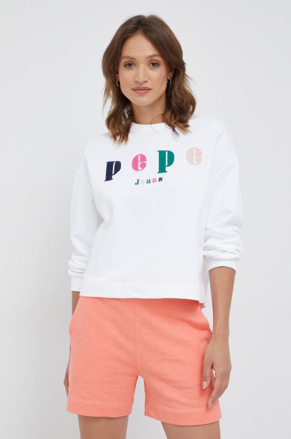Pepe Jeans hanorac de bumbac femei, culoarea alb, cu imprimeu