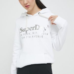 Superdry bluza femei, culoarea alb, cu imprimeu