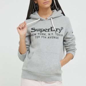 Superdry bluza femei, culoarea gri, cu imprimeu