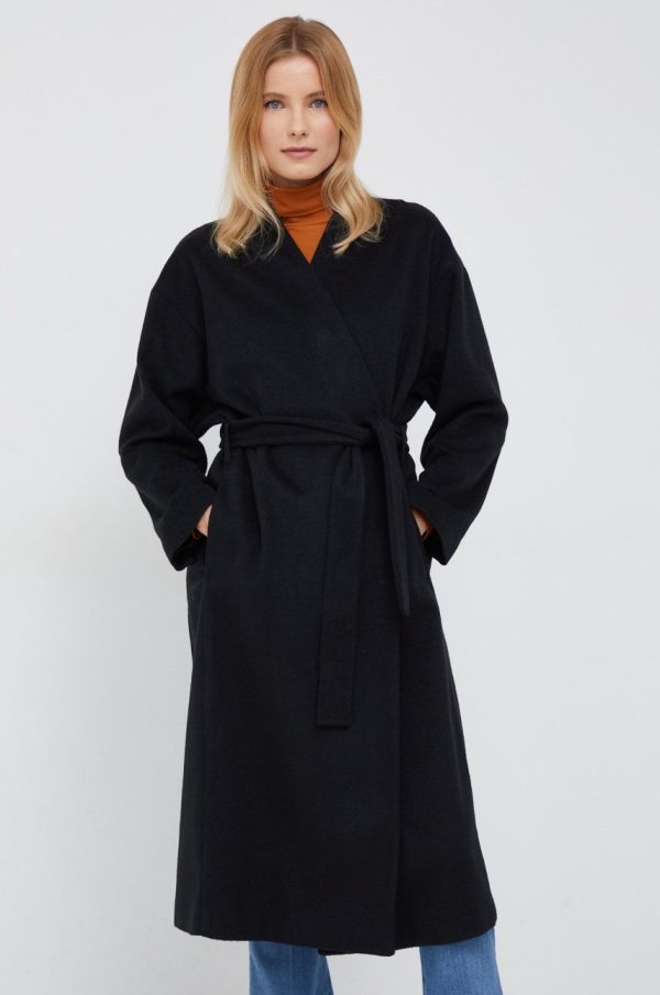 Sisley palton din lana culoarea negru, de tranzitie, desfacut