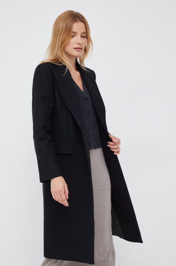 Sisley palton din lana culoarea negru, de tranzitie, cu doua randuri de nasturi