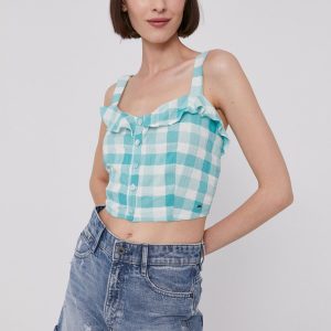 Pepe Jeans Bluză VALENTINA femei, culoarea turcoaz, in carouri