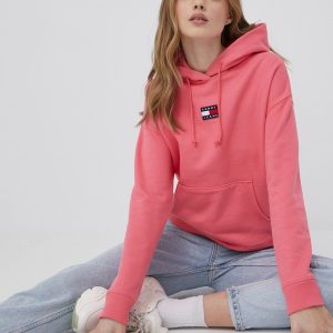 Tommy Jeans hanorac de bumbac femei, culoarea roz, neted