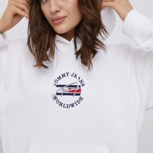 Tommy Jeans bluza femei, culoarea alb, cu imprimeu