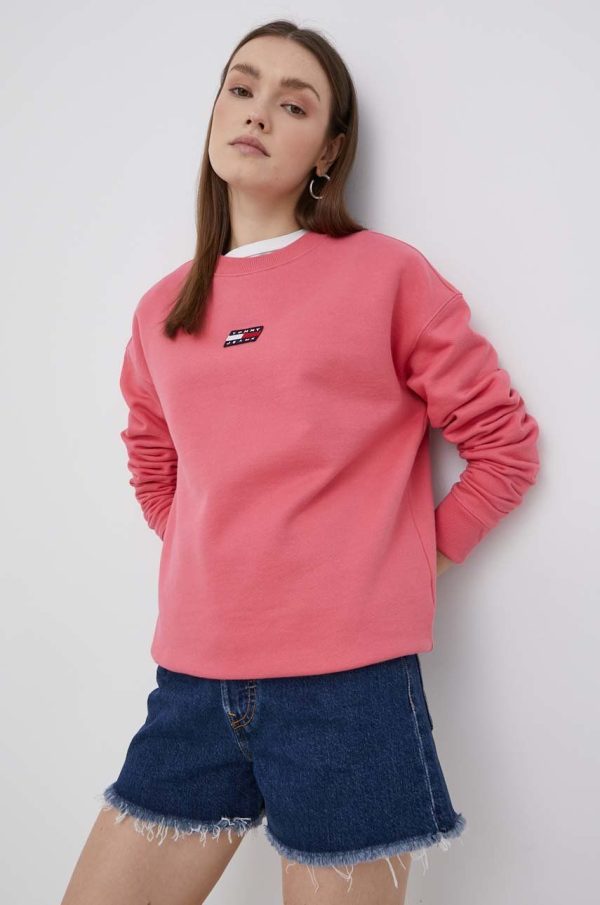 Tommy Jeans hanorac de bumbac femei, culoarea roz, cu imprimeu