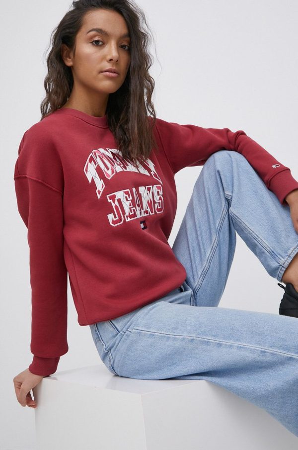 Tommy Jeans bluza femei, culoarea bordo, cu imprimeu