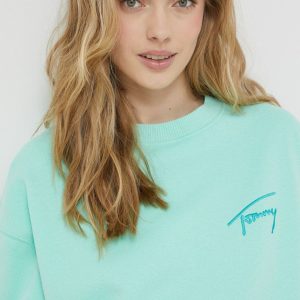 Tommy Jeans bluza femei, culoarea turcoaz, cu imprimeu