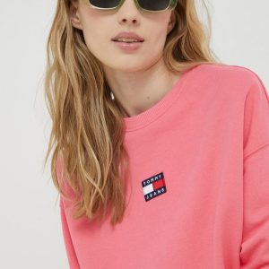 Tommy Jeans hanorac de bumbac femei, culoarea alb, neted