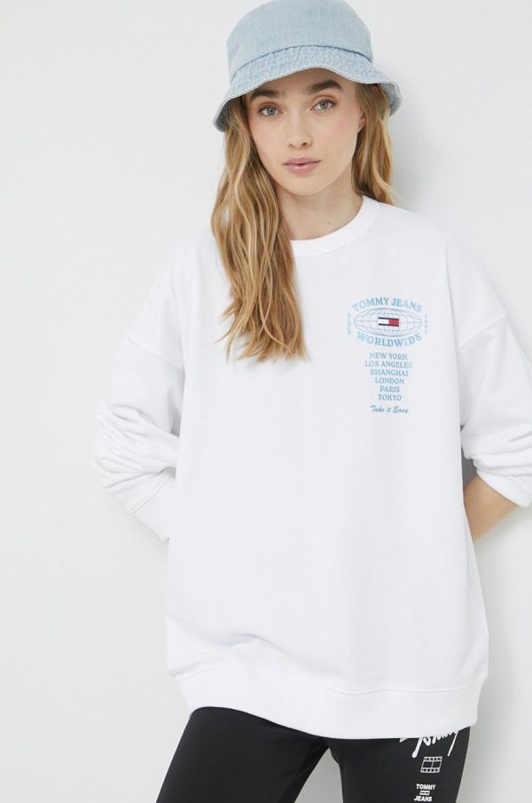Tommy Jeans bluza femei, culoarea alb, cu imprimeu